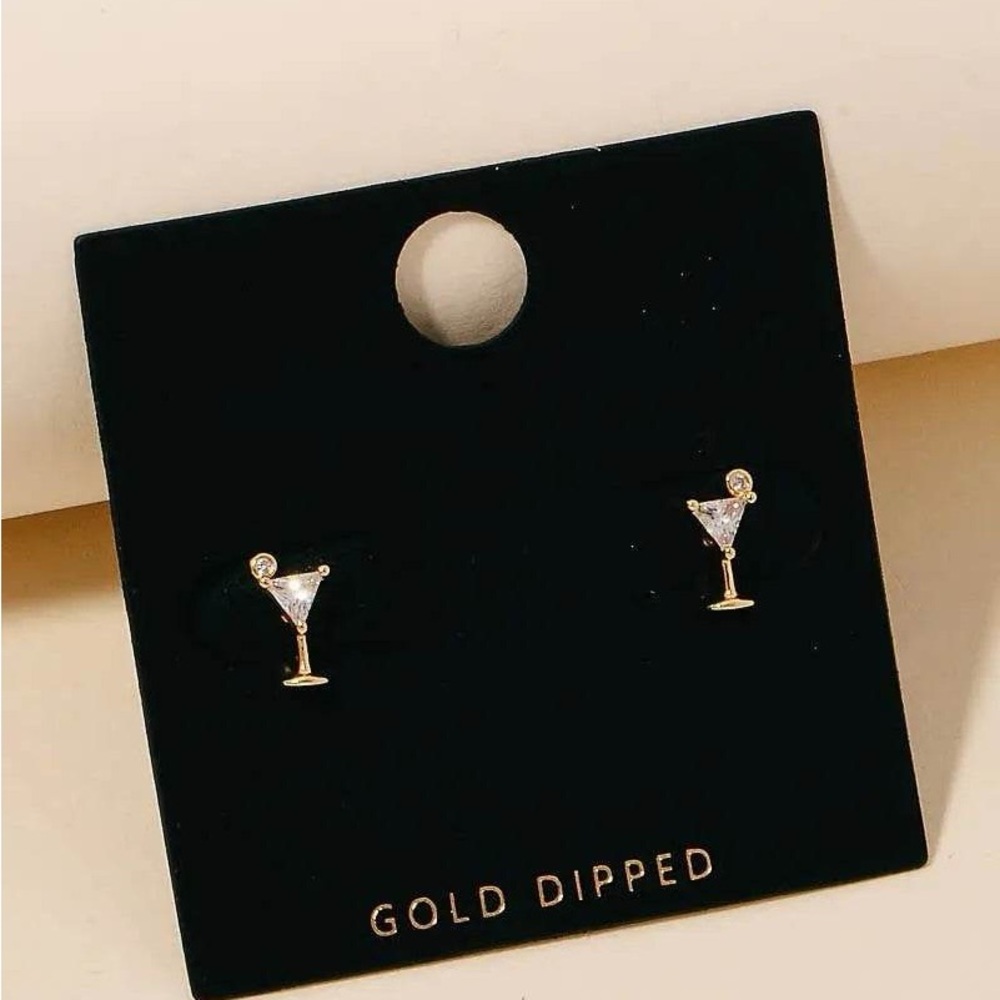 Gold Dipped Cz Martini Glass Stud Earrings